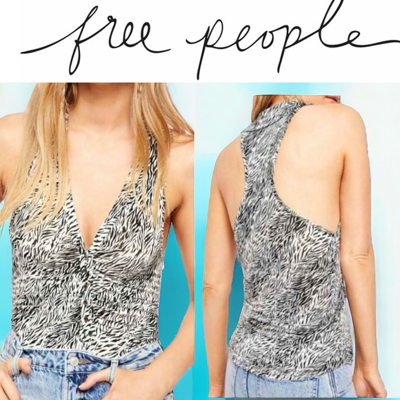 NWT FREE PEOPLE TANK. ZEBRA PRINT BUTTONED & COLLARED TOP. RACERBACK. ROUCHED - Picture 2 of 16